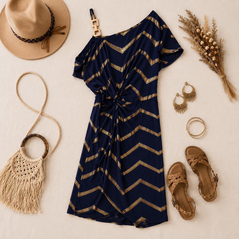 Foil Printed Gathered Dress